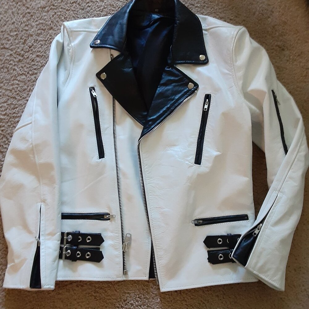 Men's AYP Punk Biker Leather Jacket Black/White Size 40